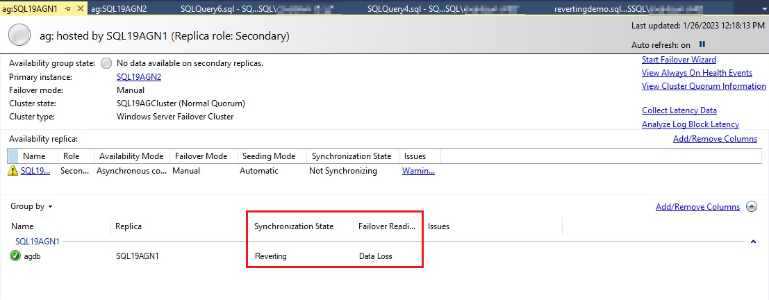 Captura de pantalla de los informes del panel AlwaysOn reversión en la base de datos secundaria.
